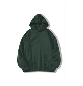 Resim Kadın 3 İplik Pamuklu Kapüşonlu Kanguru Cepli Düz Hoodie Sweatshirt - Haki Çok Renkli 