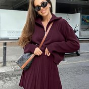 Resim Retro Tarz Uzun Kollu Kazak ve Pilili Mini Etek İki Parça Takım, Kadınlar İçin Sonbahar/Kış 