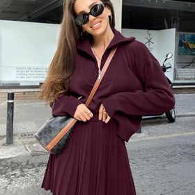 Resim Retro Tarz Uzun Kollu Kazak ve Pilili Mini Etek İki Parça Takım, Kadınlar İçin Sonbahar/Kış 