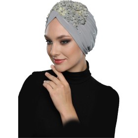Resim Elysianfidan Kopma Astarlı İşlemeli Açık Gri Bej Dantel Motifli Hazır Türban Tesettür Abiye Bone Açık Gri-bej 