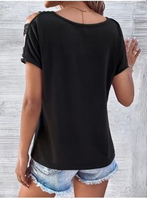 Resim Efnaz Style Kadın Kısa Kollu V Yakalı Şerit Detaylı Viskon Bluz siyah 