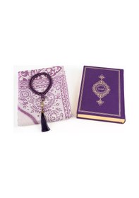 Resim Kuran + Seccade + Tesbih Hediye Seti Hafız Boy, Termo Deri, Desenli Kutu, Mor 