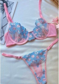 Resim Pembe-mavi Çiçekli Balenli Sütyen Takımı - Fantezi İç Giyim Pembe 