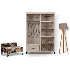 Resim Pasifichome Huga Sürgülü Gardırop Meşe 120Cm / 2 Kapaklı Çekmeceli Dolap 