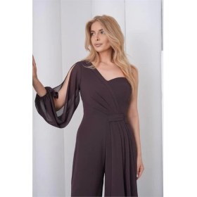 Resim Neşeli Butik Kadın Kahverengi Tek Kol Astarlı Tül Kumaş Tasarım Abiye Tulum NBS9389 