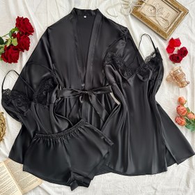 Resim 4 adet Kadın Dantel Detaylı Bornoz ve Kolsuz Pijama Takımı - V-Yaka, Bağcıklı, Tüm Mevsimler İçin Uygun, Kontrast Dantel Detaylı, Düz Renk, Yetişkin Bedenleri, İç Giyim Pijama Takımı 