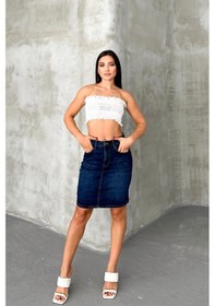 Resim HLT Jeans Koyu Mavi Kadın Regular Fit Yüksek Bel Orta Boy Denim Kot Etek Alice-4006 Koyu Mavi 
