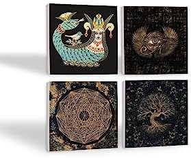 Resim Horus'un Gözü, Sri Yantra, Hayat Ağacı, Şahmeran Taş Bardak Altlığı Seti - 4 Parça - Dekoratif, Rustik Mutfak Aksesuarı, 10x10 cm, Kaydırmaz Tabanlı, Şık ve Dayanıklı SC197 