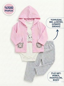 Resim Kız Bebek Tavşan Baskılı %100 Pamuklu Kapşonlu Hırka Body Ve Pantolon 3'lü Takım Açık Pembe 