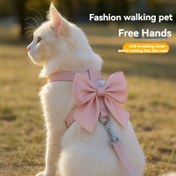 Resim Kedi Göğüs Tasması ve Tasma Seti, Yumuşak Konforlu Kumaşa Sahip Premium Kaymaz Yürüyüş Tasması, Kolay Seyahat İçin Yerleşik Uçlu Rahat Fit Fiyonk Tasarımlı - 2 Renkte Mevcut: Pembe/Mavi 
