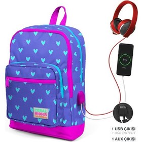 Resim Coral High Kids Kalp Desenli Lavanta Pembe Usb Şarjlı Kulaklık Çıkışlı Sırt Çantası 