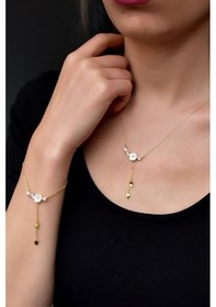 Resim Papatya Silver 925 Ayar Gümüş Gold Kaplama Zincir Sallantılı Taşlı Sedef Manolya Çiçeği Kolye ve Bileklik Set 