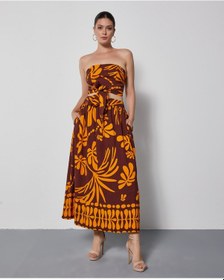 Resim Kadın Straplez Desenli Takım Bağlamalı Büstiyer Ve Bol Kesim Pantolon Etek Kahve 