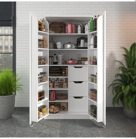 Resim 90 Derece Açılabilir 2 Kapaklı, 3 Çekmeceli, Kavanoz Raflı Kiler Ve Erzak Mutfak Dolabı Beyaz 