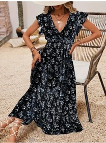 Resim Kadın Kısa Kollu Kruvaze Yakalı Beli Lastikli Çiçek Desenli Elbise Siyah 