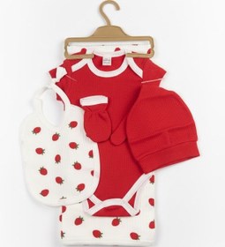 Resim Gmn Collectıon Yenidoğan 7'li Çilekli Battaniyeli Hastane Çıkışı Zıbın Seti Beyaz - Kırmızı 