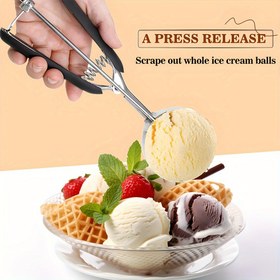Resim 1 Adet Ağır Hizmet Tipi Paslanmaz Çelik Hamur Kaşığı - Tetikli Açma Mekanizmalı, Profesyonel Dondurma Küreği & Kavun Topu Alıcı ve Spatula - Fırıncılar, Tatlıcılık Mağazaları, Ev Kullanımı İçin Kolay Temizlenebilir Tasarım - Dayanıklı 304 Paslanmaz Çelik Yapı, Hamur Kazıyıcı, Dessert Hazırlama, Çok Amaçlı Mutfak Aleti, Yüksek Kaliteli Pişirme Ekipmanı, Pastane Sahipleri için Multifonksiyonel Araç 