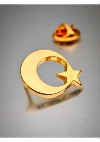 Resim Yörük Tasarım 10 Adet Ay Yıldız Yaka Rozeti Altın Kaplama Gümüş 