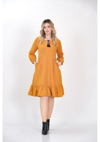 Resim Düz Pazenden Eteği Fırfırılı Hardal Sarısı Kışlık Elbise 