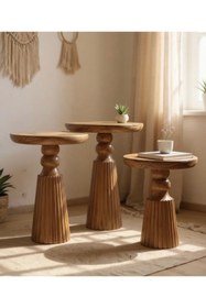 Resim ASELYA HOME Doğal Ahşap 3’lü Set Mantar Yan Sehpa Modern Fiskos Zigon Çiçeklik 