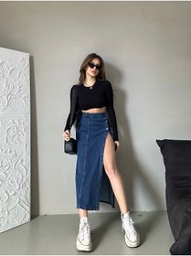 Resim Swet Shop Jeans Kadın Önü Düğmeli Uzun Boy Koyu Mavi Likralı Kot Etek 