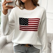 Resim Bayrak Desenli Yuvarlak Yaka Kazak, Sonbahar ve Kış İçin Rahat Uzun Kollu Kazak, Kadın Giyim 