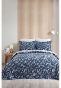 Resim Elart Mokka Keten Görünümlü Yatak Örtüsü Pike Seti 3 Parça Çift Kişilik Lacivert 