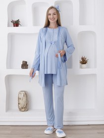 Resim Uzun Kollu 3'lü Hamile Pijama ve Sabahlıklı Lohusa Takımı - 3425 - Pembe / M / Terlik ve Taç İstemiyorum 