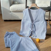 Resim Yy0107024+Elegant Special+Kadınların Rahat Dantelli Kolsuz Üstü Ön Kurdele ve Gevşek Çizgili Pantolon Seti 