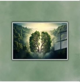 Resim Gaagart Metal Çerçeveli Yatay Cam Tablo Yeşil Orman Manzarası Ve Ağaç, 90 X 60 