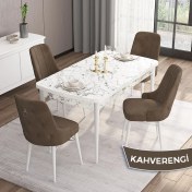Resim Canisa Concept Are Serisi, Mdf 80X132 Açılabilir Beyaz Mermer Desen Yemek Odası Takımı, 4 Sandalye Gümüş Halkalı 