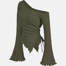 Resim Kadınların Zarif Omuzlu Ribbed Üstü - Uzun Çan Kollu, Düz Renk, Yüksek-Düşük Etek, Hafif ve Nefes Alabilir, Bahar/Yaz/Sonbahar İçin 