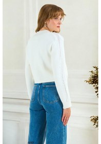 Resim Kadın Ekru Crop Püskül Detaylı Hırka 