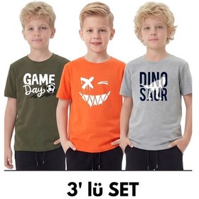 Resim Fyk Kids 3'lü Yuvarlak Yakalı Baskı Detaylı Basic 3 Parça Erkek Çocuk Tişört Haki - Gri 