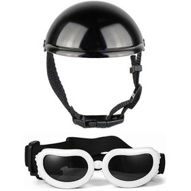 Resim Kulak Deliği İle Köpek Kaskı Evcil Hayvan Kaskı Ve Gözlük Seti Ayarlanabilir Kayış Köpek Güneş Gözlüğü Bisiklet İçin Yavru Köpek Başlığı L Mf 