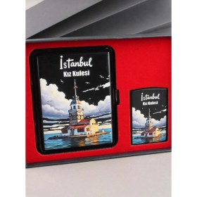 Resim Fagena Store Mavi Jet Alevli Çakmak Sigara Tabakası Kutulu Set 