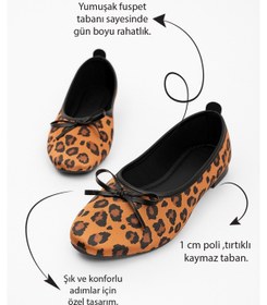 Resim Günlük Kadın Babet Oval Burunlu Fiyonklu Rahat Kalıp Tırtıklı Taban Balerin Ayakkabı 112 LEOPAR 