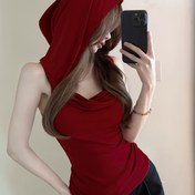 Resim Kadın Y2K Tarzı Kırmızı Kapüşlu Tank Üst - Kolsuz, Ruched Tasarım, Yazlık Rahat Giyim, Düz Renk, Polyester Karışımı, Makinede Yıkanabilir, Yazlık Tank Üstler 