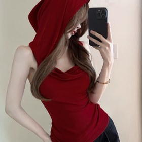 Resim Kadın Y2K Tarzı Kırmızı Kapüşlu Tank Üst - Kolsuz, Ruched Tasarım, Yazlık Rahat Giyim, Düz Renk, Polyester Karışımı, Makinede Yıkanabilir, Yazlık Tank Üstler 