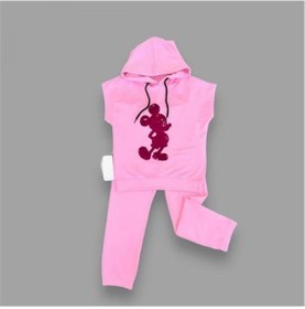 Resim 3-4-5 Yaş Kapşonlu Payetli Mickey Desenli Kısa Kol 2li Kız Erkek Çocuk Takımı Pembe Pembe 
