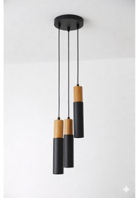 Resim Masif Ahşap & Metal Üçlü Spot Sarkıt Aydınlatma Modern Silindir Tasarım Ahşap - Siyah 