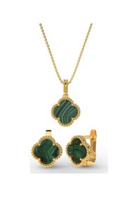 Resim Erdobia 925 Ayar Yeşil Kaplangözü Taşlı Gold Yonca Kolye Küpe 2'li Gümüş Set-takım 