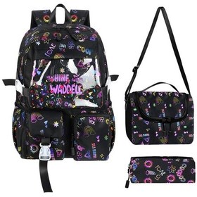 Resim Waddell Kawaii Kore Tarzı Twil Kumaş Desenli Sırt Çantası,beslenme Çantası Ve Kalemlikli Üçlü Set Siyah 