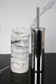 Resim 2 Parça Dekoratif Beton Tuvalet Fırçası Metal Wc Fırçalığı Beyaz - Siyah 