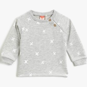 Resim Erkek Bebek Düğmeli Baskılı Bisiklet Yaka Uzun Kollu Sweatshirt 