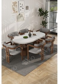 Resim Avvio Arion Serisi Bohem Ayak 6'lı Tokyo Metal Demonte Sandalye 80x160 Masa Sandalye Takımı Beyaz Masa Sandalye Kahve Kumaş Gri 