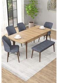 Resim Arel Meşe 80x132 Açılabilir Mdf Masa Yemek Odası Takımı, Mutfak Takımı 4 Adet Sandalye, 1 Bench Meşe Masa - 4+1 Füme - Ceviz Ayak 