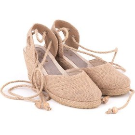 Resim Star Tombis Gerçek Elişi Topuğu Açık Bilekten Bağlamalı Dolgu Topuk Keten Hasır Espadril Handmade Hasır 