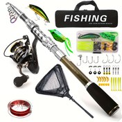 Resim 1.8-3m Döner Döküm Karbon Balıkçılık Kamışı Büyük bir balık ağı ile Taşınabilir Seyahat Kamışı Döner Balıkçılık Kamışları Balıkçılık Takımı Teleskopik Balıkçılık Kamışı Seti Döner Makara Yemleri Kanca Seyahat Kamışı Seti 