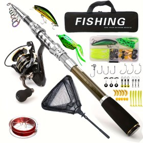 Resim 1.8-3m Döner Döküm Karbon Balıkçılık Kamışı Büyük bir balık ağı ile Taşınabilir Seyahat Kamışı Döner Balıkçılık Kamışları Balıkçılık Takımı Teleskopik Balıkçılık Kamışı Seti Döner Makara Yemleri Kanca Seyahat Kamışı Seti 